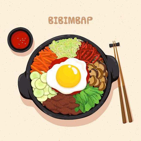 Bibimbap Drawing, Korean Food Cartoon, Korean Food Drawing, Cute Korean Food, Posca Inspiration, Lucy Fanart, Pastel Food, Ig Icon, South Korean Food