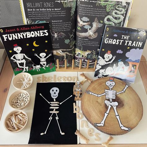 Skeleton Kindergarten Activities, Prek Bones Activities, Bones And Body Preschool Theme, My Body Topic Eyfs, Skeleton Eyfs Activities, Bones Activity For Preschool, Funny Bones Tuff Tray, Halloween Provocations Preschool, Bone Activities For Preschool