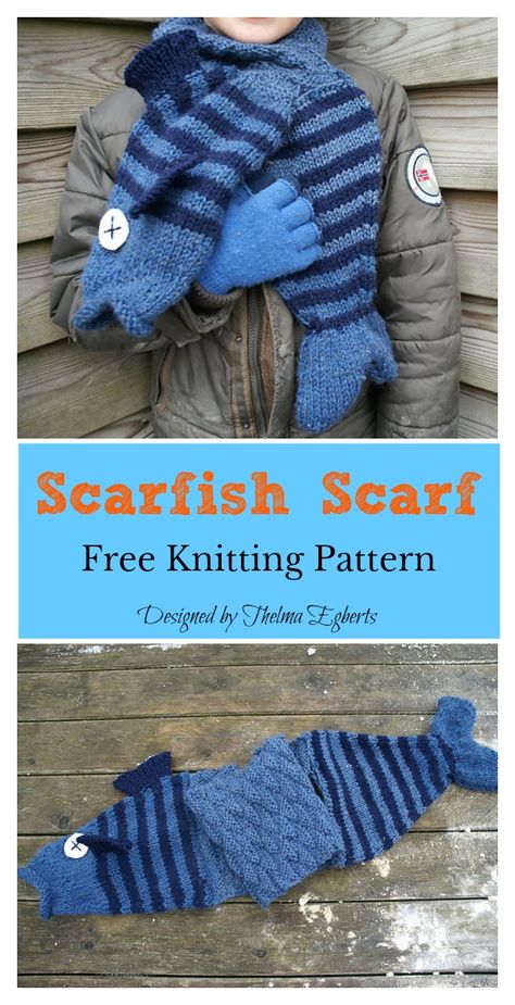 Scarfish Scarf Free Knitting Pattern #freeknittingpattern #scarf Knit Shark Hat Pattern, Animal Scarf Knitting Pattern, Cute Knitted Scarf, Shark Knitting Pattern Free, Cute Knit Scarf, Cool Crochet Scarf, Knitted Fish Pattern Free, Funky Knitting Patterns, Small Things To Knit