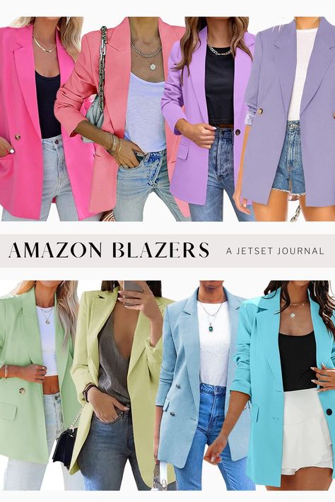 Checkout these colorful blazers for women that are perfect for summer! From two tone to bright bold colors, these blazer outfits for women are doing to be HUGE this season. Pair them with dresses, skirts or jeans and you're good to go. Get more blazer and jacket outfit ideas for women, and shop for your favorite colourful blazer at A Jetset Journal Multicolor Party Blazer For Winter, Cheap Multicolor Blazer, How To Style A Bright Blazer, Multicolor Spring Blazer For Work, Multicolor Fitted Spring Blazer, Bright Blazer Outfit, Jeans Blazer Outfit, Bright Blazer, Women's Wardrobe Essentials