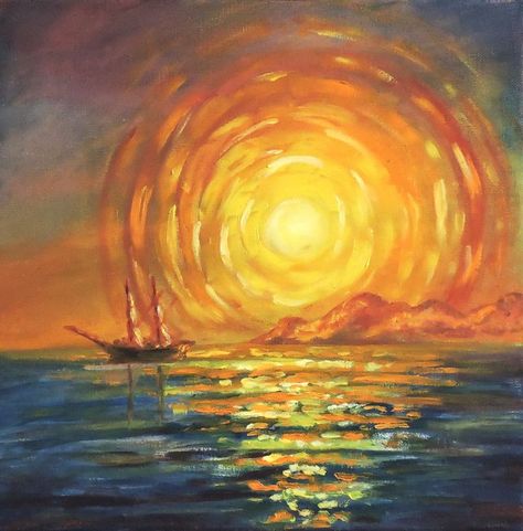 Sunrise at the sea. Oil on stretched canvas. Sun Painting Abstract, Abstract Sunset Art, Sunset Boat Painting, Sun Aesthetic Art, Sun Art Aesthetic, Rising Sun Painting, Painting Ideas Ocean, Sunset Sea Painting, Orange And Blue Sunset