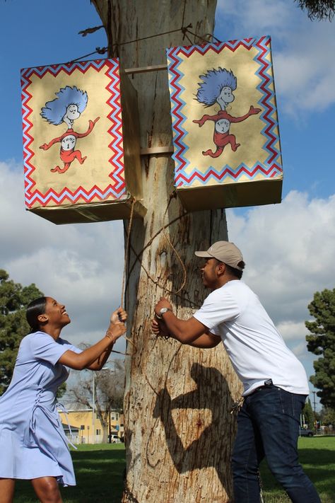 Thing 1 & Thing 2 gender reveal! Thing 1 Thing 2 Gender Reveal, Twin Baby Gender Reveal Ideas, Twin Gender Reveal Ideas, Gender Reveal Twins, Twin Baby Announcements, Thing One Thing Two, Twin Gender Reveal, Gender Reveal Unique, Gender Reveal Ideas