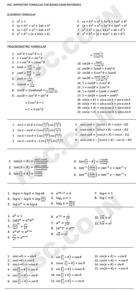 HSC BOARD – IMPORTANT FORMULAS – HSC – Higher Secondary Education Website Maths Algebra Formulas, Math Formula Sheet, Maths Formulas, Math Formula Chart, Algebra Formulas, Formula Chart, Math Websites, सत्य वचन, Physics Formulas