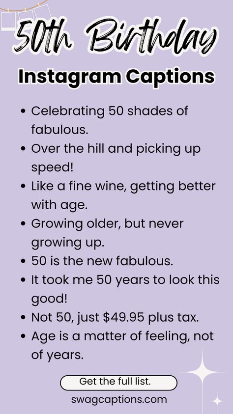 Turning 50? Celebrate in style with these chic and witty 50th Birthday Instagram Captions! From heartfelt reflections to hilarious quips, find the perfect words to capture your milestone moment. Fifty Quotes Birthday Turning 50, 50th Birthday Quotes Woman Turning 50, Turning 50 Quotes, 50th Birthday Sayings, 50th Birthday Quotes Woman, Birthday Hashtags, Birthday Instagram Captions, 50th Birthday Messages, 50th Birthday Men