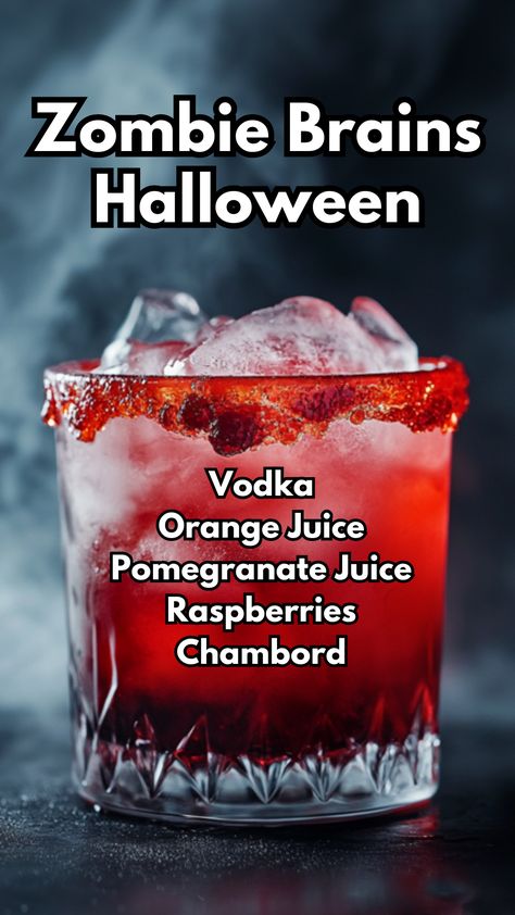 Zombie Brains Halloween Cocktail Pomegranate Halloween Cocktail, Michael Myers Cocktail, Halloween Dry Ice Drinks, Halloween Cocktails With Dry Ice, Spooky Vodka Cocktails, Witchy Drink Recipes, Halloween Drinks Alcohol Vodka, Emo Cocktails, Halloween Cocktails With Vodka