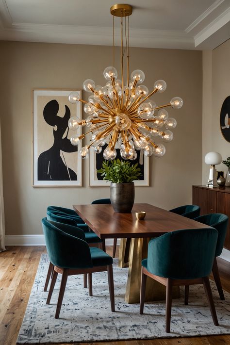 Elevate your dining experience with a modern dining room featuring striking sculptural lighting and timeless mid-century chairs. This blend of contemporary design and classic elegance creates a chic and inviting space perfect for any gathering. #ModernDining #SculpturalLighting #MidCenturyChairs #InteriorDesign #HomeDecor #DiningRoomInspo #ChicInteriors #ElegantSpaces #TimelessDesign Eclectic Mid Century Dining Room, Modern Art Deco Dining Room, Vintage Modern Dining Room, Small Dining Room Inspiration, Modern Eclectic Dining Room, Elegant Dining Room Ideas, Mid Century Victorian, Deco Dining Room, Sculptural Lighting