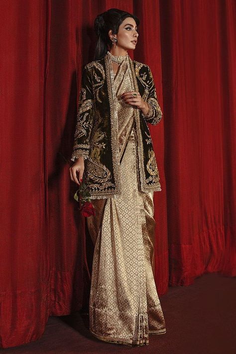 12 Different Ways To Wear A Jacket With A Saree! | WedMeGood Saree Jacket Designs, Green Velvet Jacket, Saree Jackets, 22 November, Bridal Dress Design, Stylish Party Dresses, Pakistani Designers, Velvet Jacket, Indian Fashion Dresses