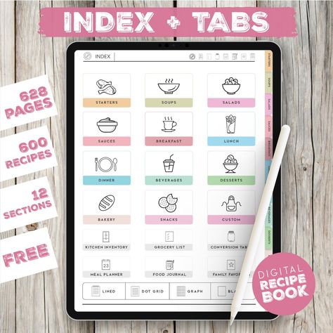 Digital Recipe Book - Organize Your Favorite Recipes For Free Free Digital Meal Planner, Recipe Digital Planner, Ipad Recipe Book, Recipe Journal Ideas Free Printable, Digital Meal Planner Template Free, Recipe Book Digital, Goodnotes Cookbook Template, Free Digital Recipe Book Goodnotes, Free Cookbook Template