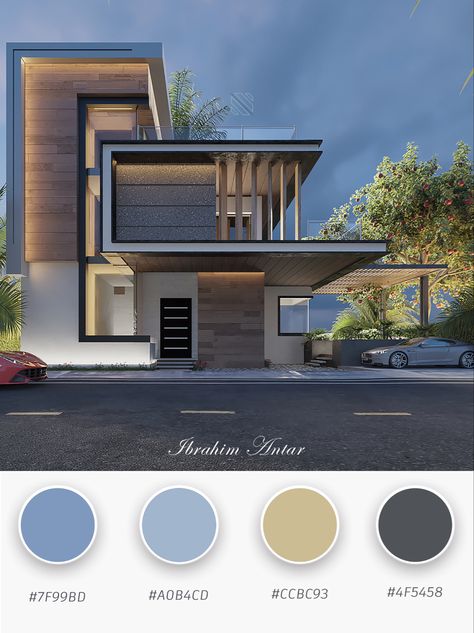 Exterior color scheme ideas for Modern villa color ideas : Abbey , Ship Cove , Yuma , Rock Blue #4F5458 , #7F99BD , #CCBC93 , #A0B4CD House Color Themes Exterior, Best Color Combinations For Exterior, 3 Color Combinations Exterior House, Villa Color Exterior, Color Pallets For Exterior Home, Color Theme For House Exterior, Exterior Building Color Palette, Color Scheme For Exterior Of House, Blue Exterior Color Palette