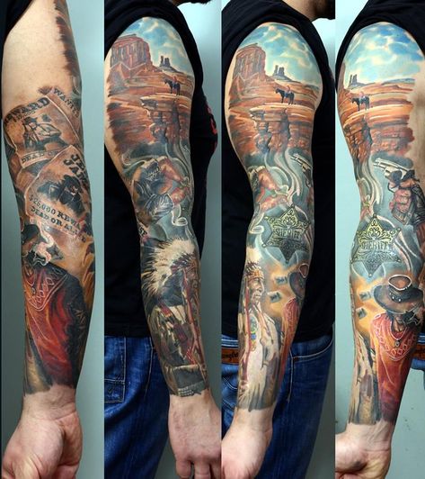 Cowboys And Indians Tattoo, Cowboy And Indian Tattoo, Western Tattoo Sleeve, Tattoo Sleeve Women, Cowboy And Indian, Western Tattoo, Wildlife Tattoo, Salvation Tattoo, Western Tattoos