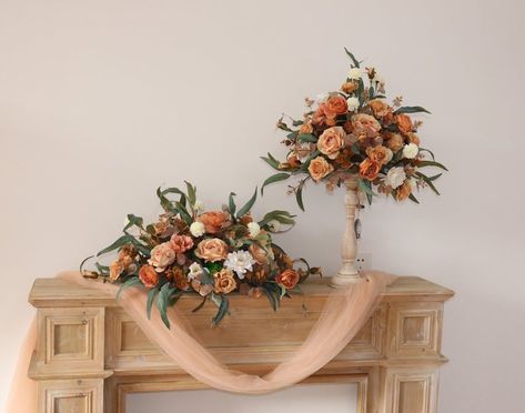 Fall Wedding Reception Decor, Head Table Flowers, Fall Wedding Reception Decorations, White Wedding Centerpieces, Wedding Swag, Wedding Archway, Autumn Wedding Reception, Large Floral Arrangements, Table Arrangements Wedding