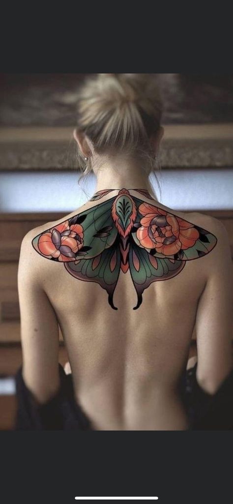 Colorful Stomach Tattoos Women, Female Front Thigh Tattoos, Colourful Back Tattoos Women, Full Back Tattoo Women Color, Feminine Back Piece Tattoo, Back Tattoo Women Colorful, Large Back Piece Tattoo Women, Full Back Butterfly Tattoo, Art Deco Woman Tattoo