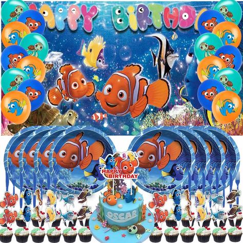 PRICES MAY VARY. ✔Super Value Finding Dory Nemo Backdrop✔ Each backdrop image features high resolution, advanced digital designs that make the image more detailed and vibrant. This results in dynamic and realistic photos. ✔Thick High-Quality Plates✔ The plates are made of heavy-duty paper that is high quality and can easily hold any type of food or drink without leaking. ✔High Standard Balloons✔ All balloons are of good quality and can be filled with helium to make them fly. You can also use tra Nemo Party Decorations, Finding Nemo Theme, Finding Dory Birthday Party, Dory Birthday Party, Finding Dory Birthday, Finding Nemo Party, Nemo Birthday Party, Dory Birthday, Finding Nemo Birthday