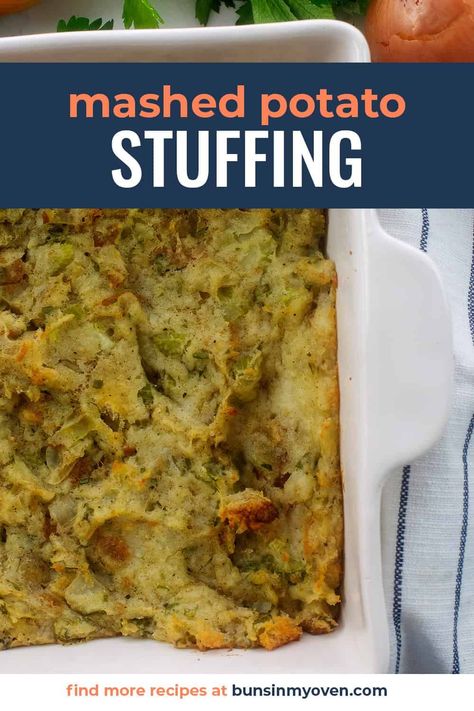 Amish Mashed Potato Stuffing is a mixture of mashed potatoes and stuffing - perfect for a holiday dinner! We came across a version of Pennsylvania Dutch Mashed Potato Stuffing in an old cookbook and gave it a try. We put our own spin on it, adding in extra seasonings and fresh herbs, and here we are with this creamy, dreamy potato stuffing that is a definite must try! Potatoe Stuffing, Potato Stuffing Recipes, Mashed Potato Stuffing, Stuffed Mashed Potatoes, Potato Stuffing, Dressing Recipes Thanksgiving, Potato Filling, Irish Potato, Mashed Potato Casserole