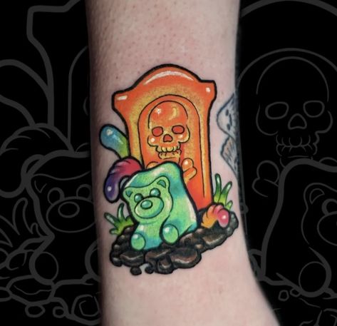 Funny New School Tattoo, Nuke Tattoo Ideas, Gummy Bear Tattoo Ideas, Slushie Tattoo, Half Tone Tattoo, Gummy Worm Tattoo, Trippy Flash Tattoo, Halloween Candy Tattoo, Candyland Tattoo