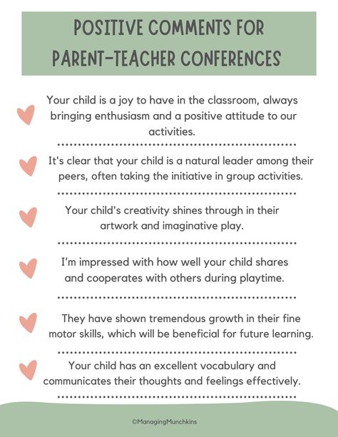 Unlock the power of positivity in your Parent-Teacher Conferences! Download our FREE resource of 25 Positive Comments to enhance your discussions. Elevate the conversation, foster collaboration, and celebrate the achievements of your students. Transform your conferences into uplifting moments with this handy tool. High School Parent Teacher Conferences, Prek Parent Teacher Conference, Parent Teacher Conference Comments, Prek Conferences, Preschool Parent Teacher Conferences, Preschool Conferences, Positive Comments For Students, Parent Teacher Conference Notes, Preschool Report Card Comments