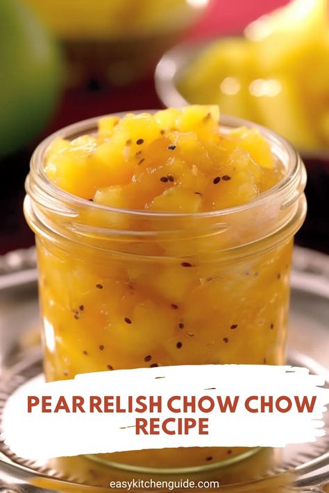 Get creative in the kitchen with this delicious pear relish chow chow recipe. With few ingredients and easy steps, you will make your pears shine! Pear Relish Chow Chow, Spiced Pickled Pears, Pear Salsa Recipes For Canning, Pear Relish Recipe, Tahini Free Hummus Recipe, Mexican Carrots, Homemade Relish, Pear Chutney Recipe, Pear Relish