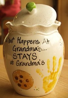 Handprint Pottery Ideas | ... happens at Grandma's, stays at Grandma's" #cookie_jar . #handprint_art Handprint Cookie Jar, Ceramic Handprint Ideas, Mother’s Day Pottery Ideas, Mothers Day Pottery Ideas, Handprint Pottery Ideas, Cookie Jar Ideas, Handprint Pottery, Grandma Gifts From Grandkids, Gifts For Grandma From Grandkids