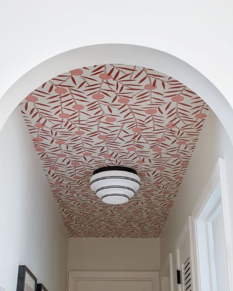 Cloud Ceiling Hallway, Patterned Hallway Wallpaper, Wallpaper Ceiling Toilet, Wallpaper In Ceiling Interior Design, Celling Wallpepar, Painted Hall Ceiling, Painted Ceiling Pattern, Unique Hallway Paint Ideas, Hallway Wallpaper Ceiling