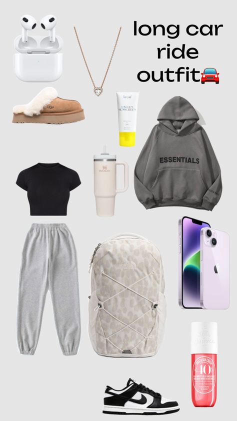 #car #outfitinspo #wishlist #northface #pandora #sunscreen #dunks #uggs #soldejaneiro #essentials #stanley Long Car Ride Outfits, Car Ride Outfit, Cute Easy Outfits For School, Freshman Outfits, Road Trip Outfit, Simple Outfits For School, Trip Outfits, Casual Preppy Outfits, City Outfits