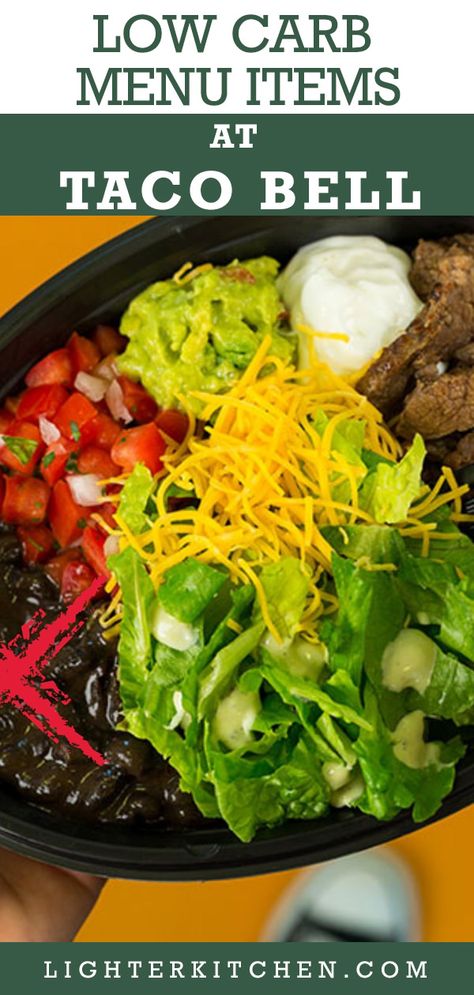 Eating Low Carb at Taco Bell is easy once you know the ordering tips and secrets! Here are 7 Low Carb and Keto friendly menu items at Taco Bell. Click to see more fast food guides at LighterKitchen.com #ketofastfood #lowcarbfastfood #ketotacobell #lowcarbtacobell #ketorestaurants #lowcarbrestaurants #easyketo #fastfoodguides #ketoonthego #restaurantguides #tacobell #fastfoodketo #lowcarbfastfoodoptions #ketofastfoodoptions #easyketomeals Low Carb Taco Bell, Keto Cravings, Low Carb At Restaurants, Keto Fast Food Options, Low Carb Paleo Recipes, Keto On The Go, Eating Low Carb, Low Carb Menus, Keto Fast Food