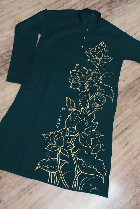 Black Kurti Painting Design, Fabric Painting On Kurti Ideas, Painted Kurta For Men, Panjabi Handpaint Design, Kurta Painting Design, Hand Paint Kurti, Fabric Painting On Clothes Blouse, Mural Painting On Shirt, Panjabi Fabric Painting