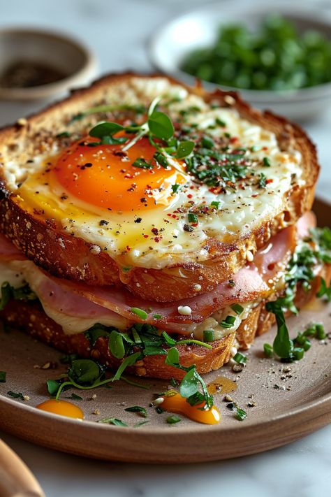 Indulge in a gourmet, gluten-free twist on the classic French Croque Madame. This delicious sandwich features layers of savory ham, melted Gruyère cheese, and a creamy béchamel sauce, topped with a perfectly cooked egg. It's a hearty and satisfying meal that adheres to the Whole Health Flexi-Plan diet, ensuring you enjoy classic flavors without the gluten. Delicious Savory Food, Breakfast Ideas Fancy, Brunch Sandwich Ideas, Egg Sandwich Ideas, Meals With Eggs, Fancy Breakfast Ideas, Sandwich Melt, Sandwich Gourmet, Sandwich With Egg