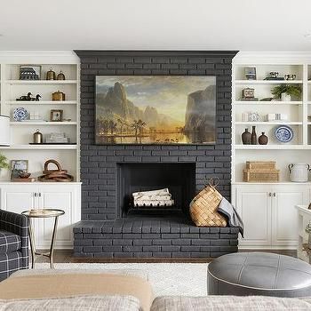 Black Brick Fireplace, White Built Ins, Bria Hammel, Red Brick Fireplaces, Vermont House, Tv Over Fireplace, Brick Hearth, Painted Brick Fireplace, Painted Brick Fireplaces