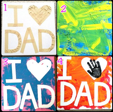 Have you ever tried tape resist painting with your kids? It’s the perfect activity for little ones to do because they CAN’T mess it up! All you have to do is put pieces of tape (preferably painter’s tape as it comes off easier) in the shape of letters and a heart. Then have the kids … Crafty Morning, Gifts From Kids, Diy Father's Day Gifts, I Love My Dad, Father's Day Diy, Fathers Day Crafts, Father's Day Gifts, Crafts For Kids To Make, Fathers Day Cards