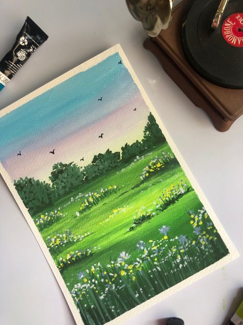 Simple Gouache Landscape, Gouache Painting Illustration, Watercolor Paintings Scenery Easy, How To Paint Greenery, Ghibli Landscape Scenery, Gouche Painting Beginners, Cottagecore Aesthetic Painting, Gouache Scenery, Gouache Character