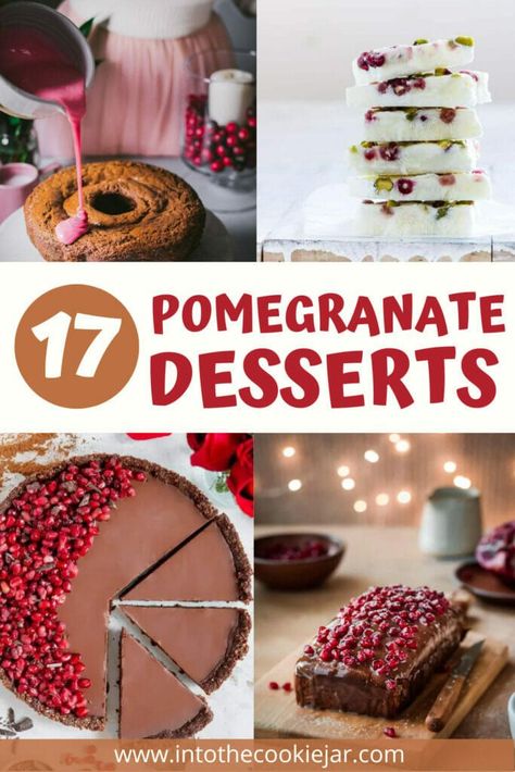 Delicious pomegranate desserts Pomegranate Bundt Cake, Desserts With Pomegranate, Palmagranet Recipe, Pomagranet Recipe Dessert, Pomegranate Baking, Pomegranate Dessert Recipes, Pomegranate Pie Recipes, Pomegranate Snacks, Pomegranate Recipes Dessert