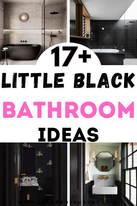 Use this collection of Little Black Bathroom Ideas to bring a fresh, stylish vibe to your home. From bold color palettes to sleek finishes, these ideas will help you create a bathroom that feels both sophisticated and cozy. See how Little Black Bathroom Ideas can make a small space feel elegant and modern. Paint Color For Black And White Tile Bathroom, Black Bathroom Fixtures Inspiration, Bathrooms With Black Accents, Black Bathroom Ideas Modern, White Bathroom With Black Accents, Black Half Bathroom, Dark Tile Bathroom, Small Dark Bathroom, All Black Bathroom