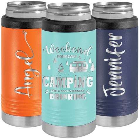 PRICES MAY VARY. PERSONALIZED - Get your customized slim can cooler by pressing the button of "Customize Now", designed and Engraved in the USA. More than 40 designs/templates and 20 fonts are available. HIGH-QUALITY INSULATED CAN COOLER - This customized can coozie keeps your beer icy-cold, designed with Double-walled vacuum insulation with a rubber top to keep your beverage as refreshing as the first sip. Easy to screw up and unscrew the top. FITS MOST 12OZ SLIM CANS - Our skinny can holder fi Cabin Weekend, Cooler Designs, Can Holder, Hard Seltzer, Can Holders, Store Organization, Screwed Up, Dining Storage, Can Cooler