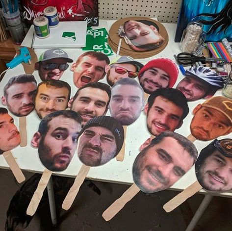 Guy Birthday Themes Party Ideas, Face Sticks For Party, Person Themed Party, Bachelorette Face On Stick, Man Theme Party Ideas, Mullet Bachelorette Party, Funny Birthday Decorations For Men, Male Bday Party Ideas, Funny Bday Decorations