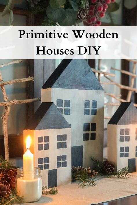 Primitive Wooden Houses DIY - How to Make Painted Houses from Scrap Wood - Easy Budget Friendly DIY Project - Perfect for Christmas, Winter, or anytime. Follow along at www.hymnsandhome.com or on Instagram @hymnsandhome Primitive Saltbox House Diy, Scrap Wood Xmas Projects, Wooden Block Houses Diy, Wooden Houses Craft Christmas, Wooden Block Houses Diy Christmas, Small Wood Houses Diy, Mini Wood Houses Diy, Small Wooden Houses Craft Diy, Primitive Wood Decor