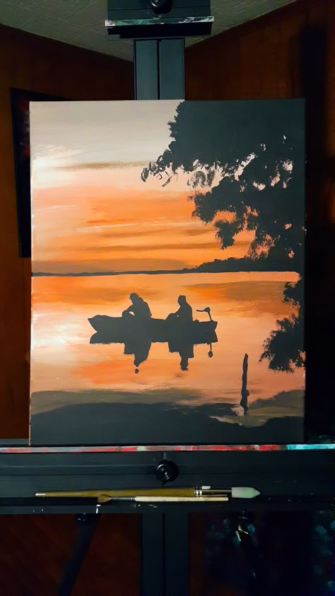 Fishing Scene Painting, Duck Hunting Painting Easy, Fisherman Painting Acrylics, Fish Paintings On Canvas, Fishing Art Painting, Fly Fishing Art Painting, Bass Painting Easy, Fishing Painting Ideas, Hunting Painting Ideas