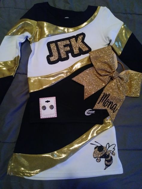 Black And Gold Cheer Uniforms, Yellow Cheerleader Uniform, Peewee Cheer, Volleyball Uniforms, Cheer Leading, Glitter Cheer Bow, Cheer Athletics, Sports Outfit, Cheerleading Uniforms