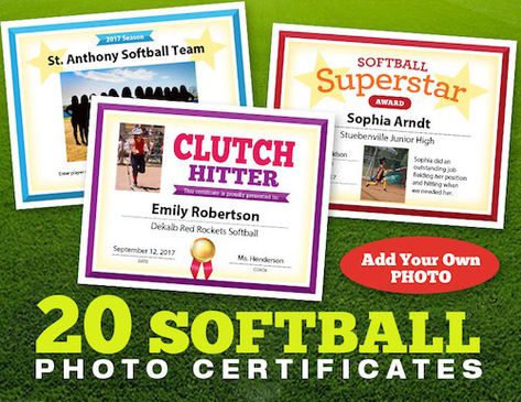 These 20 softball photo certificates are great for softball teams of all ages. Recognize players and coaches and award them a keepsake to treasure. Softball Awards, Softball Photos, Baseball Ideas, Softball Season, Award Template, Softball Quotes, Softball Coach, Awards Certificates Template, Baseball Coach