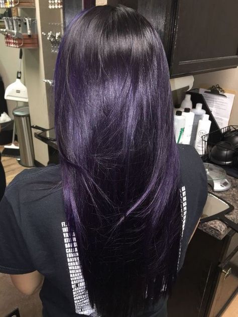 Hair Color Dark Purple Deep, Purple Over Black Hair, Ion 4vv Plum Hair Color, Purple Dark Hair Color, Dark Purple Hair Without Bleach, Midnight Violet Black Hair Color, Purple Black Hair Short, Dark Deep Purple Hair, Purplish Black Hair