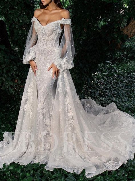 Wedding Dresses Dramatic Sleeves, Long Sleeve Mermaid Wedding Dress With Overskirt, Bishop Sleeve Mermaid Wedding Dress, Lace Mermaid Wedding Dress Long Sleeve, Wedding Dresses Special, Mermaid Dress Long Train, Off The Shoulder With Sleeve Wedding Dress, Wedding Dress Sleeves Mermaid, Wedding Gowns With Removable Skirt