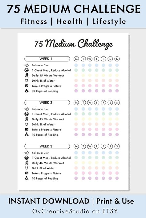 75 Medium Challenge PDF, 75 Medium rules, meal, workout, bullet journal, rainbow, digital download Workout Bullet Journal, 30 Day Challenge Food, 75 Medium Challenge Tracker, 75 Medium Challenge, 75 Challenge, 45 Minute Workout, Workout Drinks, Dinner Planner, Planner Workout