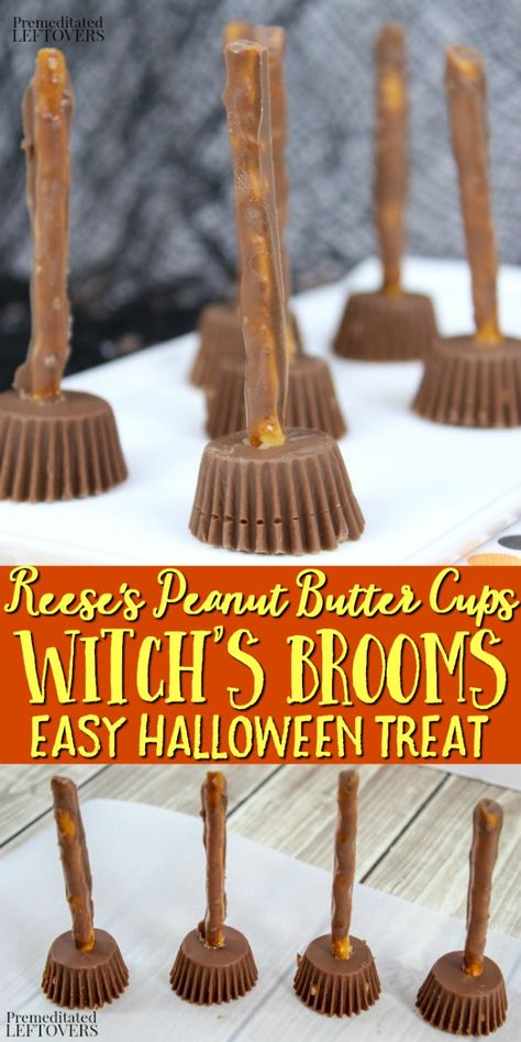 Looking for a unique Halloween treat? These witch's broom Halloween treats are easy to make and perfect for a Halloween party! With just three ingredients and next to no prep time, this is a great Halloween recipe to throw together at the last minute. Kids of all ages can help put together the brooms using pretzels and peanut butter cups. Broom Stick Pretzels, Pretzel Broomstick Treats, Broomstick Food, Witches Costume, Halloween Punch Recipes, Halloween Brooms, Fun Halloween Treats, Halloween Foods, Halloween Snack