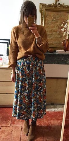 Mom Fall Fashion 2024, Long Skirt And Sweater Outfit Fall, Fall Outfit Colorful, How To Pick Out An Outfit, Layer Skirt Outfit, Office Boho Outfit, Preppy Everyday Outfits, Boho Professional Style Work Wear, Engagement Party Outfit Guest Casual