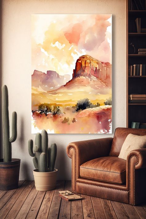 Minimalist Sedona Arizona Desert Wall Art Print Southwest - Etsy Bohemian Watercolor Art, Watercolor Desert Landscape, Western Boho Decor, Mom Painting, South Western Decor, Desert Landscape Art, Desert Wall Art, Southwestern Art, Nature Watercolor