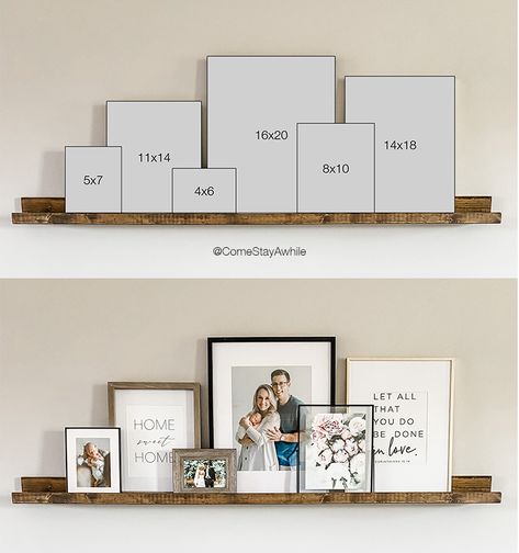 Build your own picture ledge for less than $20. It is SO easy and will look amazing in any space. See link for frame sizing guide Diy Picture Ledge, Bedroom Gallery Wall, Picture Collages, Photo Shelf, Mantle Ideas, Scandinavian Farmhouse, Couch Ideas, Picture Shelves, Picture Ledge