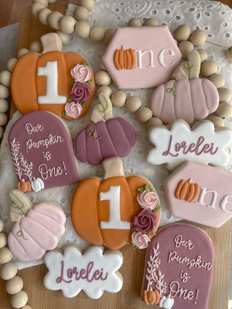 Fall 1st Birthday Cookies, Pumpkin 1st Birthday Cookies, 1st Birthday Cookies Decorated, Pumpkin First Birthday Cookies, Our Little Pumpkin Is Turning One Cake, 1st Birthday Pumpkin Theme Girl, Pumpkin Birthday Cookies, Our Pumpkin Is Turning One Party, Fall Birthday Cookies