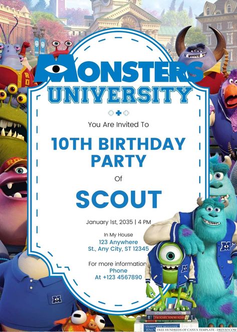 Cool 20+ Monsters University Canva Birthday Invitation Templates Get ready to scream and shout with our Monster University Birthday Invitations! These invitations feature all your favorite characters from the beloved Pixar movie, including Mike, Sulley, and the res... Monster Punch, Monster Snacks, Scream And Shout, Monster University Birthday, Monster University Party, Monster Cupcakes, Spooky Treats, Monsters University, 10th Birthday Parties