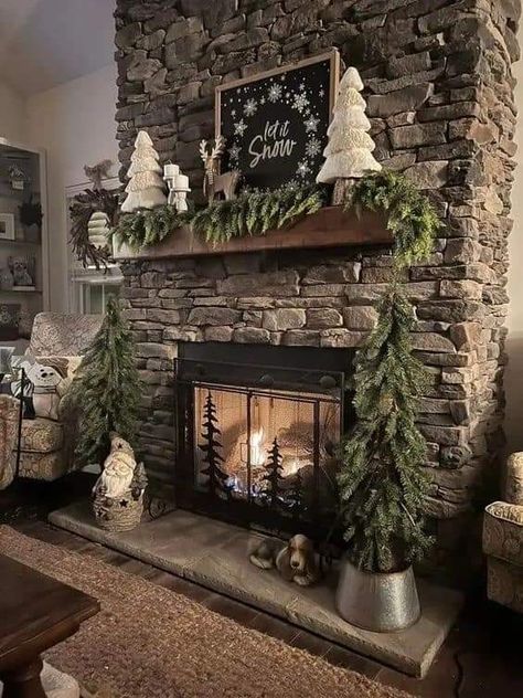 Farm Curb Appeal, Open Living Room And Kitchen And Dining, Rustic Fireplace Christmas Decor, Christmas Decor In Front Of Fireplace, Tree By Fireplace Christmas, Winter Themed Home Decor, Christmas Mantel Decorating Ideas 2022, Farmhouse Fireplace Christmas Decor, Rustic Cabin Mantle Decor