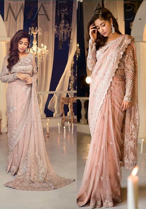 This delicately designed saree is just what you need for your evening events!!! Price 4750/- For purchase of the dress, please visit www.HauteCouture.pk Fishtail Saree, Pastel Sarees, Punjabi Wedding Dress, Pastel Saree, Pakistani Dresses Online Shopping, Reception Sarees, Party Saree, Bridal Capelet, Bridal Mehndi Dresses