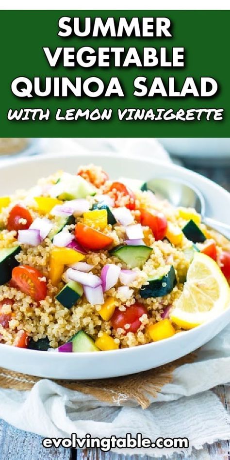 Summer Vegetable Quinoa Salad is full of nutritious veggies and then topped with a homemade lemon vinaigrette. It is a healthy dish to bring to potlucks or summer picnics! Quinoa is an incredible canvas to display all of the brilliantly colored and vibrant veggies of summer! Healthy Side Dish Recipes, Vegetable Quinoa Salad, Summer Vegetable Recipes, Salad With Lemon Vinaigrette, Gluten Free Recipes Side Dishes, Gluten Free Vegetables, Vegetable Quinoa, Salad With Lemon, Gluten Free Sides Dishes